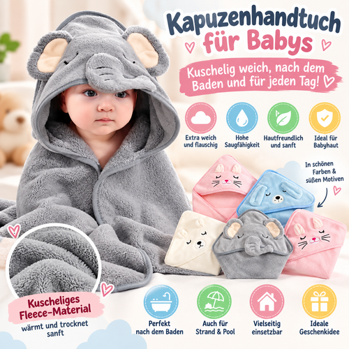 Baby Kapuzenhandtuch mit Tiermotiv – 80 × 80 cm