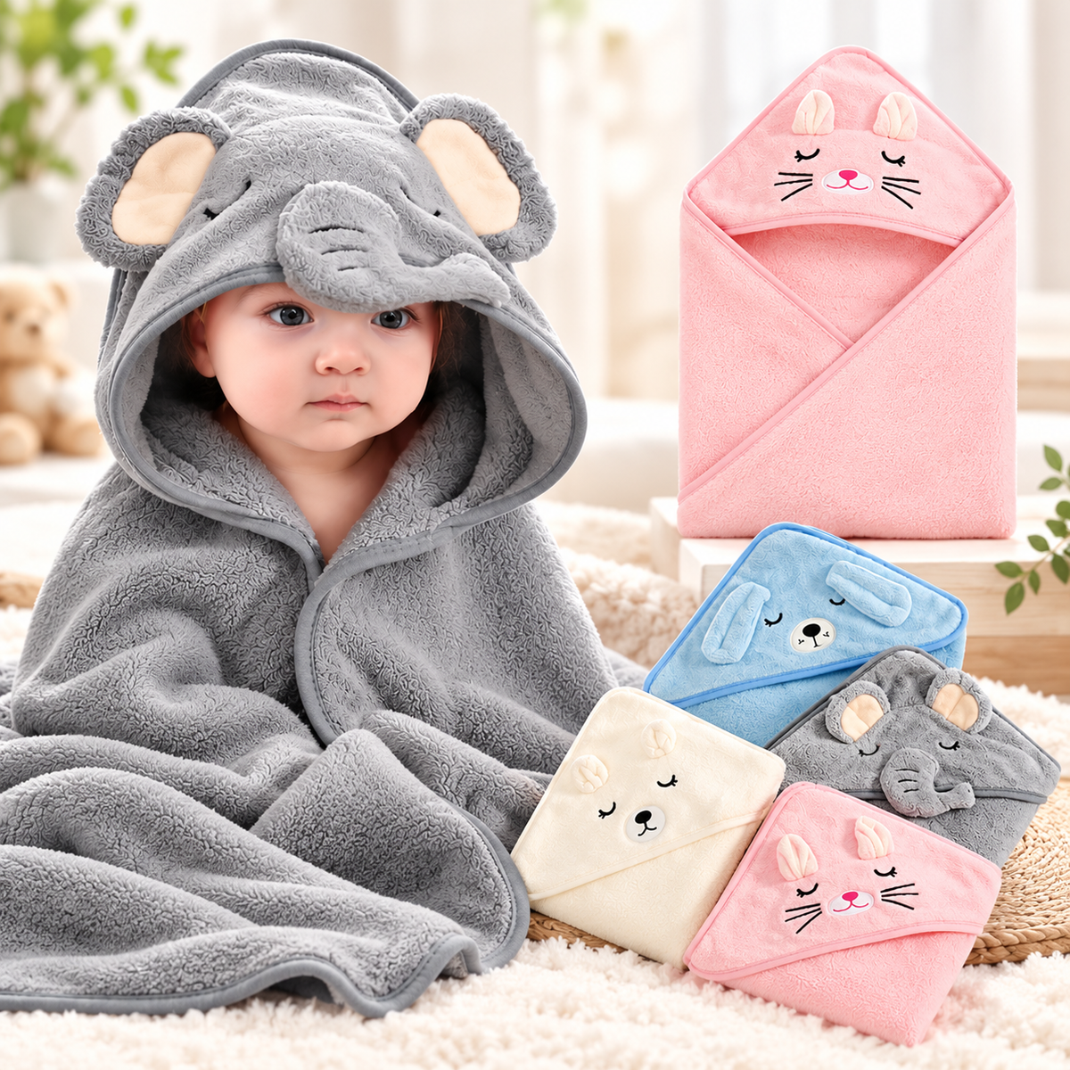 Baby Kapuzenhandtuch mit Tiermotiv – 80 × 80 cm