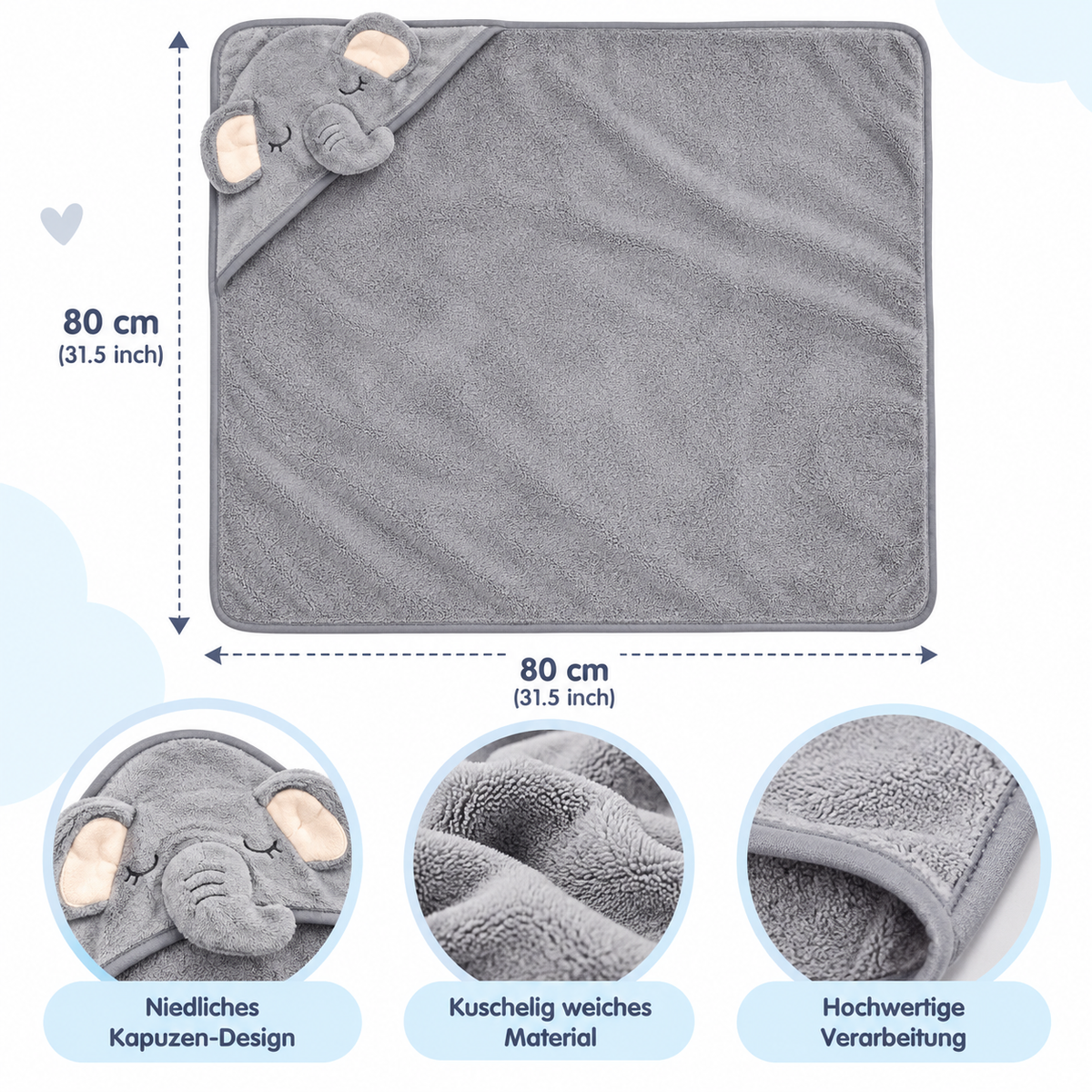 Baby Kapuzenhandtuch mit Tiermotiv – 80 × 80 cm