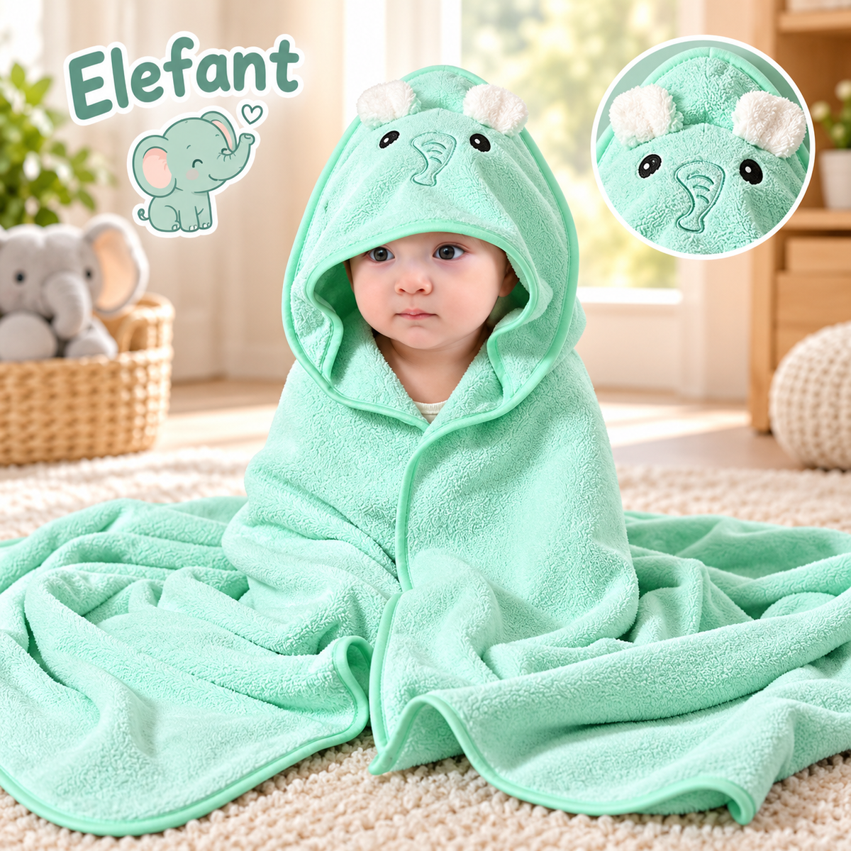 Baby Kapuzenhandtuch mit Tiermotiv – 80 × 80 cm