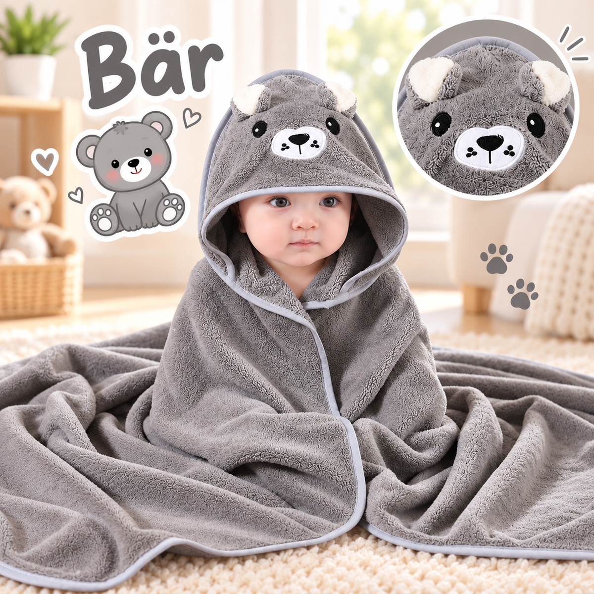 Baby Kapuzenhandtuch mit Tiermotiv – 80 × 80 cm