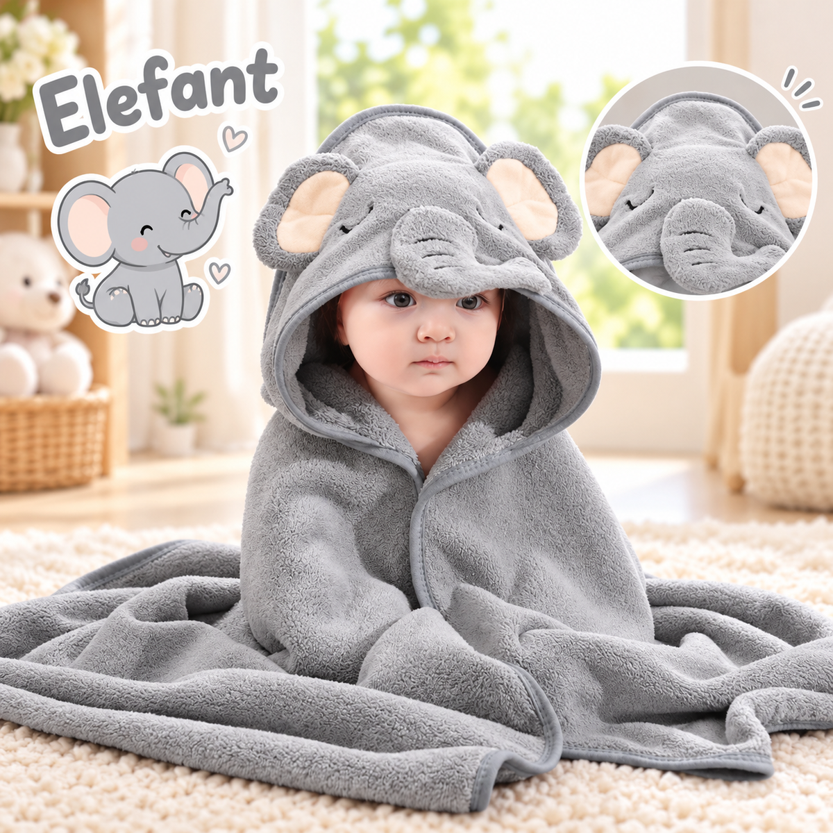 Baby Kapuzenhandtuch mit Tiermotiv – 80 × 80 cm
