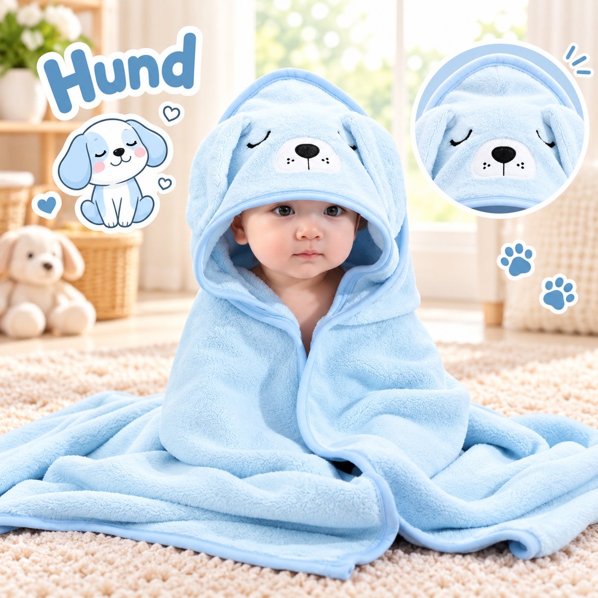 Baby Kapuzenhandtuch mit Tiermotiv – 80 × 80 cm