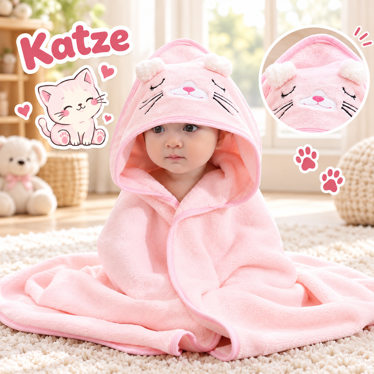 Baby Kapuzenhandtuch mit Tiermotiv – 80 × 80 cm