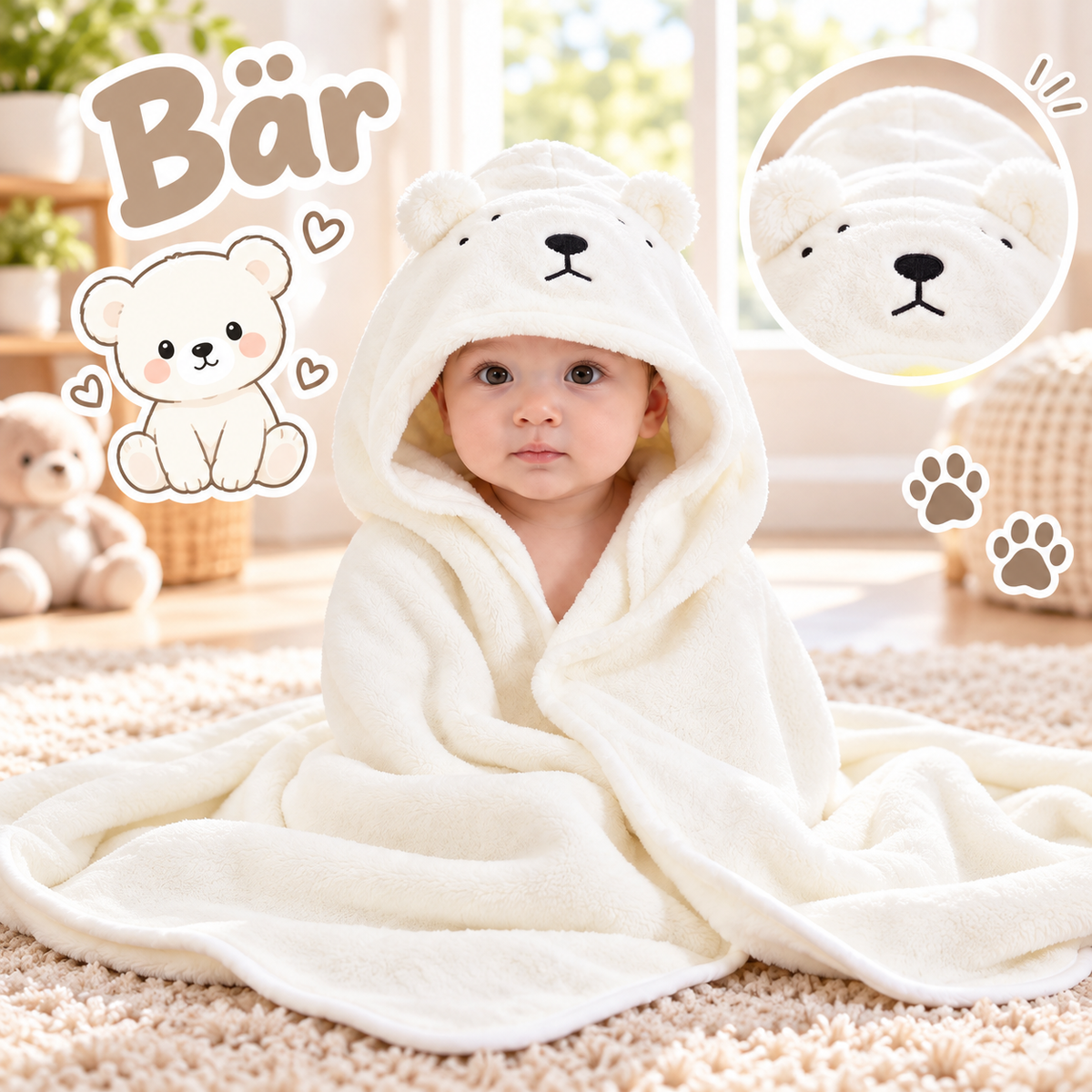 Baby Kapuzenhandtuch mit Tiermotiv – 80 × 80 cm